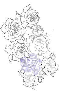 a drawing of roses and money on a white background