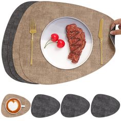 a plate with meat and tomatoes on it next to placemats, forks and spoons