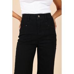 Get ready to make a bold fashion statement in these straight leg pants! With a high waisted fit, belt loops and functional front and back pockets, these pants will keep you looking stylish and feeling comfortable all day long. Plus, they feature a zipper fly with button close for an easy on-and-off fit. Put them together with an easy basic tee or dress them up for a night out on the town! High Rise Bottoms With Side Pockets For Fall, Trendy Black Bottoms With Button Zip Fly, Black High-waist Bottoms With Hip Pockets, Black High Waist Bottoms With Hip Pockets, Versatile Cropped Leg Pants With Pockets, Versatile Black Mid-rise Bottoms, High Rise Cargo Pants For Work, Black High-rise Bottoms With Hip Pockets, High-rise Black Bottoms With Hip Pockets