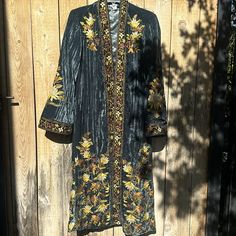 Elegance Galore!!! Soft Deep Ocean Blue Velvet Open Front Kaftan (Kimono) With Gorgeous Rich Embroidery In Gold, Copper, Olive, Brown And Burnt Orange. Dark Gray Silky Lining. Side Pockets. Available In Size Xs (2-4 About 19” Pit To Pit) And Xl (16-18 About 24” Pit To Pit. Approximately 46” Long. New With Tags From Sundance. Spring Evening Embroidered Kaftan, Elegant Long Dress With Multicolor Embroidery, Blue Embroidered Fitted Kaftan, Spring Festive Fitted Kaftan, Embroidered Fitted Evening Kaftan, Fitted Spring Festive Kaftan, Fitted Festive Spring Kaftan, Fitted Blue Embroidered Kaftan, Fitted Festive Kaftan For Spring