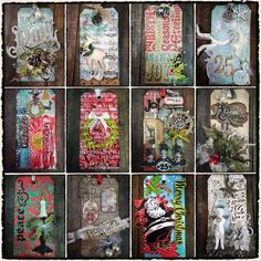 many different tags are hanging on a wooden wall in various styles and colors, all decorated with christmas decorations