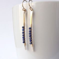 14k Solid Gold Earrings Long Gold Earrings Gold Threader | Etsy Gold Lapis Lazuli Drop Earrings, Handmade Gold Earrings With Lapis Lazuli, Handmade Gold Lapis Lazuli Earrings, Gold Lapis Lazuli Jewelry Set With Earrings, Handmade Lapis Lazuli Jewelry For Everyday, Everyday Hand Wrapped Blue Jewelry, Nickel-free Gold Lapis Lazuli Earrings, Gold Lapis Lazuli Nickel-free Earrings, Hand Wrapped Brass Dangle Earrings