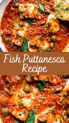 fish puttanesca recipe in a white bowl