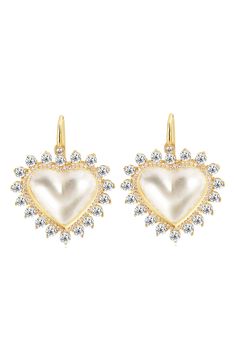 Polished 14-karat gold-plated sterling silver earrings suspend romantic mother-of-pearl heart drops framed in sparkling cubic zirconia halos. 3/4" drop; 5/8" width French wire Sterling silver/14k-gold plate/mother-of-pearl/cubic zirconia Made in Turkey Heart Shaped Pearl Earrings As Gift, Elegant Cubic Zirconia Earrings For Mother's Day, Heart-shaped Pearl Earrings For Formal Occasions, Elegant Silver Heart Earrings, Gold Plated, Elegant Gold Plated Heart Earrings As Gift, Elegant Round Heart Earrings For Mother's Day, Elegant Heart Earrings For Mother's Day, Gold Plated Silver Heart Earrings For Anniversary, Elegant Heart Earrings For Anniversary On Mother's Day