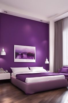 a purple and white bedroom with a large painting on the wall above the headboard