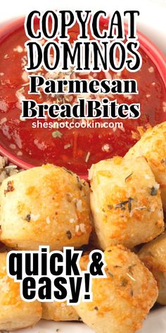 Parmesan bread bites on a white plate with sauce. Parmesan Bread Bites Recipe, Dominos Recipe, Dominos Garlic Bread, Parmesan Bread Bites, Bread Bites Recipe, Bread Bites, Store Bought Pizza Dough, Parmesan Bread, Homemade Bread Easy