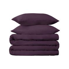 four pillows stacked on top of each other in different colors and sizes, one is dark purple