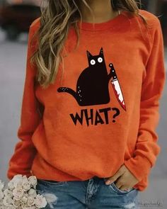 Lasaky - Casual Halloween Letter Cat Print Sweatshirt Casual Halloween, Chat Halloween, Halloween Letters, Black Cat Print, Halloween Tattoo, Halloween Black Cat, Halloween Orange, Halloween Black, Black Cat Halloween