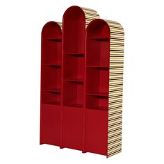 a red bookcase with two open books on it's sides and shelves in the middle