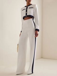 Chic High-Waisted Wide Leg Contrast Color Suit Pants Celana Fashion, Mid Waist Pants, Two Piece Pants Set, Mode Casual, Elegantes Outfit, Looks Chic, Solid Clothes, Mode Style, Style Elegant