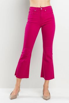 Get ready to kick up your style with our Kendall Kick Flare jeans in Viva Magenta! These high-rise jeans feature a raw cut hem and a playful kick flare for a fun and unique look. Stand out from the crowd and make a statement with this vibrant color. Fabric: 65% COTTON31% RAYON2% ELASTERELL-P2% SPANDEX Leg Opening: 16" Front Rise: 9 1/2" Inseam: 27 1/2" Knee: 16 1/2" Based on photo. Model is 5'11" and is wearing a size 26. Mid-rise Cotton Flares With Frayed Hem, Cotton Bottoms With Frayed And Flared Hem, Chic Stretch Flares With Frayed Hem, Trendy Cotton Flares With Frayed Hem, Trendy Cotton Bottoms With Flared Hem, Chic Flares With Frayed Hem For Fall, Stretch Jeans With Frayed Flared Hem, Casual Cotton Flares With Frayed Hem, Trendy Cotton Flares With Flared Hem