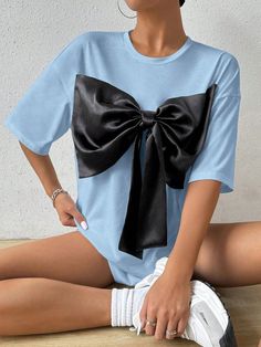 Oversized Long 3D Bow Front Casual T-Shirt Baby Blue Casual  Short Sleeve Knitted Fabric Colorblock  Slight Stretch  Women Clothing, size features are:Bust: ,Length: ,Sleeve Length: Casual Suit, Women T Shirts, Casual T Shirt, Casual T Shirts, All Fashion, Summer Women, Women Clothing, Women Clothes Sale, Womens Tees