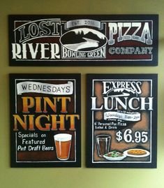 three signs on the wall advertising different types of food and drink options for restaurant owners