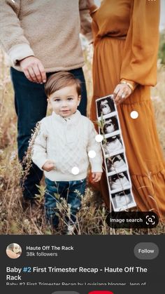 a baby standing next to an adult holding a box with photos on it and the caption reads, first timester recap - hate off the rack