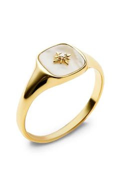 We’re all about the bold statements this season, that’s why we made you this gold signet ring to add to your jewelry rotation. This bold ring is dipped in 14K gold and features a mother of pearl stone beneath a unique star symbol. Dipped in 14K gold Features a mother of pearl stone Depth: 3.41mm - 0.13” Weight: 2.24g Crafted In China Signet Rings Women Vintage, Pearl Jewelry Ring, Star Symbol, Signet Rings Women, Apple Watch Bracelets, Bold Statements, Mother Of Pearl Jewelry, Pearl Stone, Bold Rings