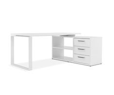 a white desk with drawers and shelves on the bottom shelf, against a white background