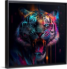 a painting of a tiger with colorful paint splatches on it's face