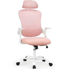 a pink office chair sitting on top of a white base with arms and backrest