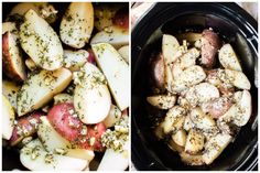 two pictures side by side one has potatoes and the other has meat in it, both have seasonings on them