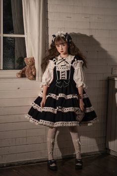 Cute Costume Dress For Cosplay Events, White Harajuku Dress With Doll Collar, Black Kawaii Dress For Cosplay, Harajuku Dress With Ruffles And Doll Collar, Kawaii Black Halloween Dress, Black Kawaii Dress For Halloween, Kawaii Dresses With Ruffles For Cosplay Events, Kawaii Ruffled Dresses For Cosplay Events, Cute White Dress For Cosplay Events