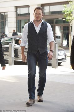 What a gent: The Hollywood star looked smart in jeans and a grey waistcoat as he arrived at the studios Men Waistcoat, Tweed Vest, Waistcoat Men, Chris Pratt, Casual Vest