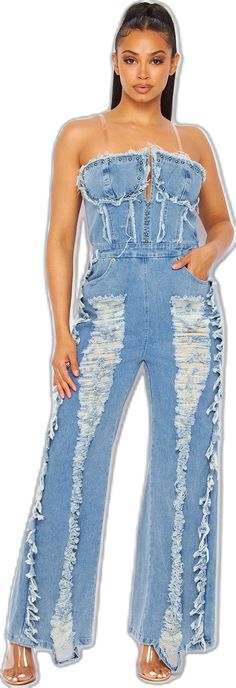 Ripped Denim, Denim Jumpsuit, Deep V, Distressed Denim, Polyester Spandex, Stretch Fabric, Jumpsuit, Spandex, Zipper