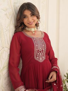 Step into sophistication and glamour with our exquisite maroon georgette gown, adorned with intricate embroidery and luxurious sequin work. This captivating ensemble is designed to make a statement, exuding elegance and charm at every turn.
Available in fully stitched sizes ranging from XS to XXL, this gown ensures a perfect fit for women of all body types. With a graceful 3.5-meter flair and a length of 56 inches, it drapes beautifully, creating a silhouette that will leave a lasting impression Bollywood Style Embellished Georgette Gown, Floor-length Georgette Gown With Intricate Embroidery, Festive Embellished Georgette Gown, Elegant Embroidered Chinon Gown, Intricate Embroidery Floor-length Georgette Gown, Georgette Maxi Gown With Intricate Embroidery, Intricate Embroidery Georgette Maxi Gown, Maxi Length Georgette Gown With Intricate Embroidery, Semi-stitched Georgette Gown With Dabka Work