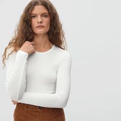 The Pima Micro-Rib Long-Sleeve Crew White – Everlane Fitted Fine Knit Long Sleeve Crew Neck Top, Fitted Long Sleeve Crew Neck Top For Layering, Everlane Stretch Tops, Fitted Everlane Tops For Everyday, Everyday Fitted Everlane Tops, Fitted Long Sleeve Top With Crew Neck, Fitted Long Sleeve Top With Ribbed Crew Neck, Everlane Tops For Everyday Fall Wear, Everlane Everyday Tops For Fall