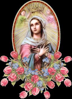 the immaculate mary with roses and flowers around it