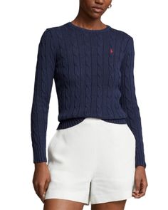 Polo Ralph Lauren Cotton Cable Knit Sweater Cable Knit Crew Neck Tops For Work, Navy Cable Knit Crew Neck Top, Ralph Lauren Fitted Cable Knit Sweater, Fitted Ralph Lauren Cable Knit Sweater, Ralph Lauren Sweater Women, Ralph Lauren Womens Clothing, Cotton Cable Knit Sweater, Pull Bleu, Cable Knit Sweater Womens