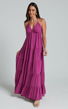 Claudia Maxi Dress - Halter Neck Low Back Empire Waist Tiered Dress in Magenta Fuschia Pink Dress, Magenta Color, Halter Neck Dress, Pink Maxi, Halterneck Dress, Dress Maxi, Rayon Fabric, Tiered Dress, Dance Floor