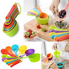 colorful measuring cups and spoons with fruit in them