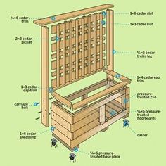 a wooden bench with instructions on how to build the back and side compartments for it