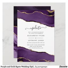 an elegant purple and gold wedding card