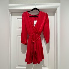 Red Silk Long Sleeve Dress Tie Around Waist Chic Midi-length Dress For Holiday, Chic Midi Dress For Holidays, Red Spring Dress For Date Night, Red Dresses For Date Night In Spring, Red Dress For Date Night In Spring, Red V-neck Dress For Holiday, Red V-neck Holiday Dress, Red Mini Dress For Spring Date Night, Casual Red Holiday Dress