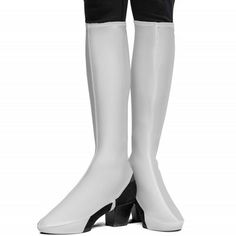 Skeleteen White Boot Covers is a great costume accessory for Halloween and dress-up. Each sock is 15" long, made of stretch fabric, and has an elastic for under the heel attachment. These Shoe covers can fit over most shoe types, including dress shoes, heels, sneakers, boots and more. These are great women dress up footwear in the retro 1970s style and are ideal for hippie outfits. Skeleteen items are made of tested materials that are non-toxic and safe. Halloween Synthetic Boots, Fitted Synthetic Thigh High Boots, Fitted Thigh-high Synthetic Boots, Fitted Synthetic Knee-high Boots With Round Toe, Spring Fitted Boots With Rubber Heel Cap, Fitted White Thigh High Boots, Fitted Mid-calf Party Boots, Halloween High Heel Fitted Boots, Fitted White Knee-high Winter Boots