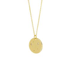 "ZODIAC STAR CONSTELLATION PENDANT NECKLACE The adorable necklace you were looking for! Your star sign hanging on a gold filled chain makes this necklace a perfect addition to your everyday look. You can also gift these to your sorority sisters, bridesmaids, and best friends for a personalized gift they are sure to love! Description: -Heavy 14K gold plated brass pendant -Cubic zirconia embellishments -Option of selecting a Gold Filled 16\", 18\", or 20\" chain -OR 20\" + 2\" extension Gold Plate Gold Star Necklaces With Diamond Accents, Celestial Star Charm Necklace, Celestial Necklace With Star Charm, Gold Star Necklace With Diamond Accents, Celestial Round Necklace With Star Charm, Gold Star-shaped Necklace With Diamond Accents, Celestial Jewelry With Star Charm For Anniversary, Gold Star-shaped Birthstone Necklace, Gold Star Necklace With Birthstone