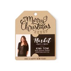 a tag with the words merry christmas and a photo of a woman in black shirt