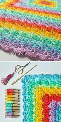 the crocheted afghan is being worked on with scissors and yarn in rainbow colors