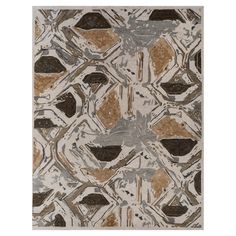 a rug with an abstract design on the front and back of it in brown, beige and white colors