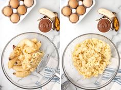 two pictures showing the process of making banana bread and bananas being made in separate bowls