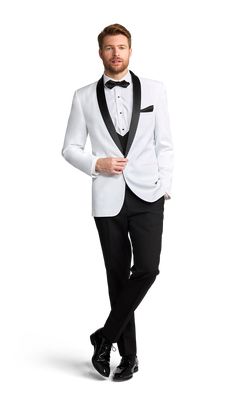 A slim white coat with one button and a black satin shawl lapel. Classic White Evening Suit, White Tuxedo With Suit Collar For Formal Occasions, White Tailored Tuxedo For Black-tie Events, Tailored White Tuxedo For Black-tie Events, White Tuxedo With Suit Collar, Formal White Tuxedo With Lapel Collar, White Tuxedo With Lapel Collar For Formal Occasions, White Evening Suits With Lapel Collar, White Suits For Black-tie Events