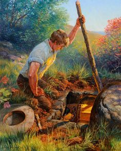 a painting of a young boy digging in the ground with a stick and other items