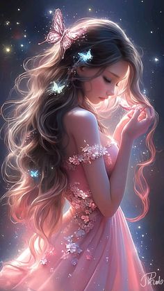 a girl with long hair wearing a pink dress and butterflies in her hair is looking down at the ground