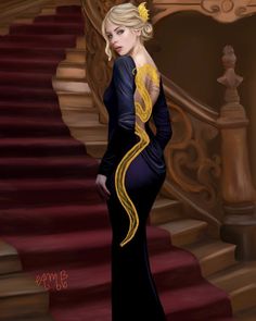 a painting of a woman in a black and yellow dress standing on some stairs with her hands on her hips