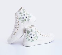 🪡Experience the art of hand embroidery on Converse embroidered shoes, a testament to meticulous craftsmanship."          Custom Wedding Converse, Brides Eucalyptus Embroidered Shoes, Personalized Bridesmaid Sneakers, Embroidered Wedding Reception Shoes  💸 Price includes Converse Shoes and floral embroidery as shown 🌸 You can send me your Converse/Vans shoes or I can buy them for you. We stock all the Converse and Vans shoes you want, if you want other Converse/Vans shoes in the store, please Embroidered Sneakers For Wedding, Embroidered Round Toe Wedding Shoes, Bridesmaid Sneakers, Wedding Reception Shoes, Wedding Converse Bride, Converse Chuck 70s, Reception Shoes, Bridal Sneakers, Embroidered Converse