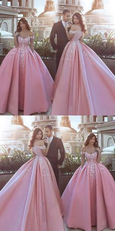 Gown Pink, Off Shoulder Wedding Dress, Mode Turban, 파티 드레스, Gown Prom, Satin Prom Dress, Ball Gowns Prom, Quince Dresses, Applique Dress