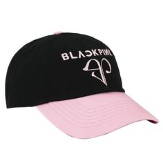 Celebrate your favorite K-pop group with this Blackpink hat. The cap comes in black with a pink brim and features the stylized pink initials BP. The group's name appears above the logo in pink letters. The underside of the brim is a bright shade of neon pink to add some more color. Blackpink fans will love this design. Pink Hip Hop Snapback Hat, Pink Hip Hop Hats For Streetwear, Pink Hip Hop Baseball Cap For Streetwear, Pink Dad Hat With Letter Print, Hip Hop Pink Baseball Cap For Streetwear, Pink Hip Hop Cap, Pink Baseball Cap With Letter Print And Curved Brim, Pink Baseball Cap With Letter Print, Adjustable Pink Hip Hop Baseball Cap