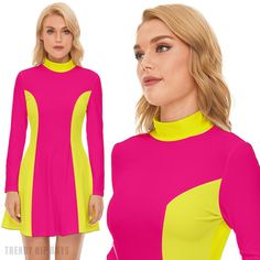 Step into the vibrant world of retro fashion with our Neon Pink and Neon Yellow Mod Dress, a stunning representation of 60s Dress Style. This Color Block GOGO Dress exudes the essence of the swinging 60s, featuring a bold and dynamic Neon Pink and Neon Yellow color combination. Crafted from luxurious 100% polyester velour material, this Retro Dress not only pays homage to the iconic era but also ensures a comfortable and stylish fit for the modern wearer. The turtle neckline and princess-style b Fitted Color Block Mini Dress For Party, Long Sleeve Color Block Mini Dress, Color Block Long Sleeve Mini Dress, Retro Pink A-line Mini Dress, Retro Stretch Mini Dress, Pink Color Block Mini Dress, Stretch Color Block Mini Dress, Color Block Stretch Mini Dress, Fitted Knee-length Retro Mini Dress