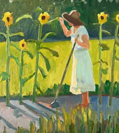 a painting of a woman standing in front of sunflowers with a mop